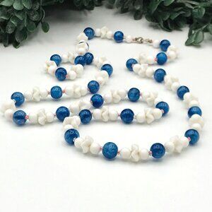 Vintage Blue White Glass Beaded Necklace with orange accent